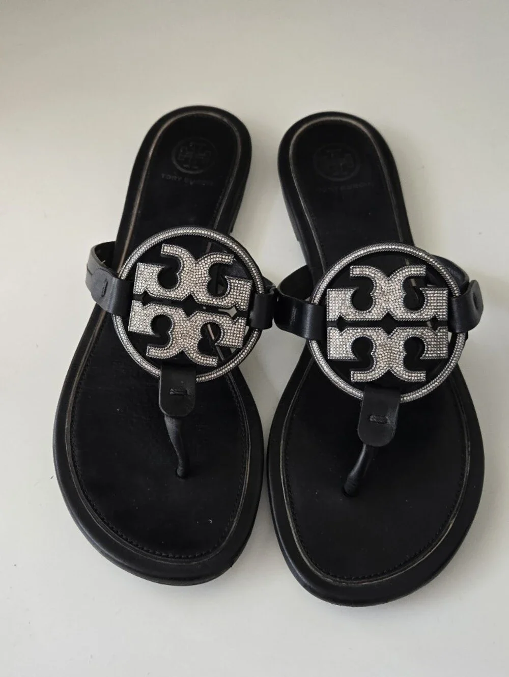 Tory Burch Miller Sandals with Rhinestone Logo Medallion - Picture 1 of 6